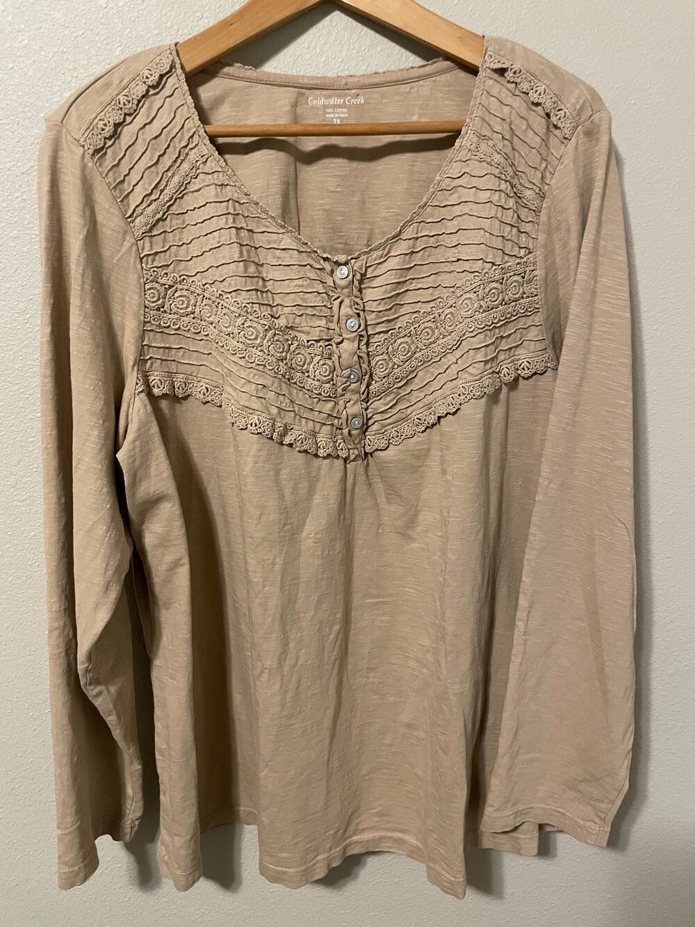 Coldwater Creek Tunic Top Womens 2X Light Brown Crochet Pleated Henley Boho